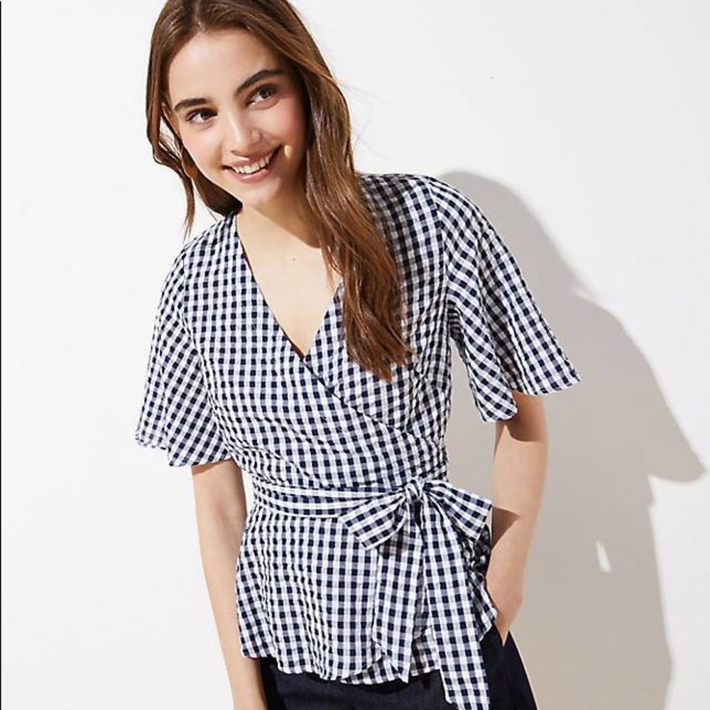 LOFT Navy Gingham Wrap Top